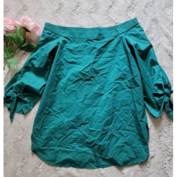 Tibi 100% Cotton Broad Off The Shoulder Banded Collar Emerald Green Blouse Sz 4 - Picture 1 of 11